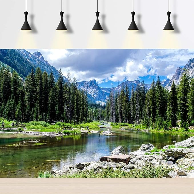 Mountain Forest Backdrop Pine Tree Tranquil Lake Stream Photography Background Tropical Forest Natural Landscape Backdrop Decorations Outdoor Birthday Party Portrait Background Decors 5x4ft