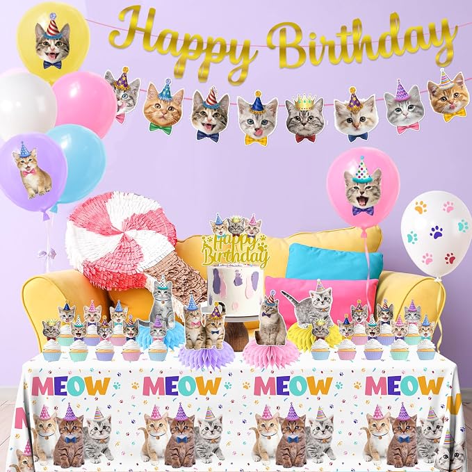 Cat Birthday Decorations,189pcs Cat Party Decorations cat Birthday Plates and Napkins Cups Tablecloth Cake Topper Hanging Swirls Centerpiece Balloon for Ca t Party Supplies