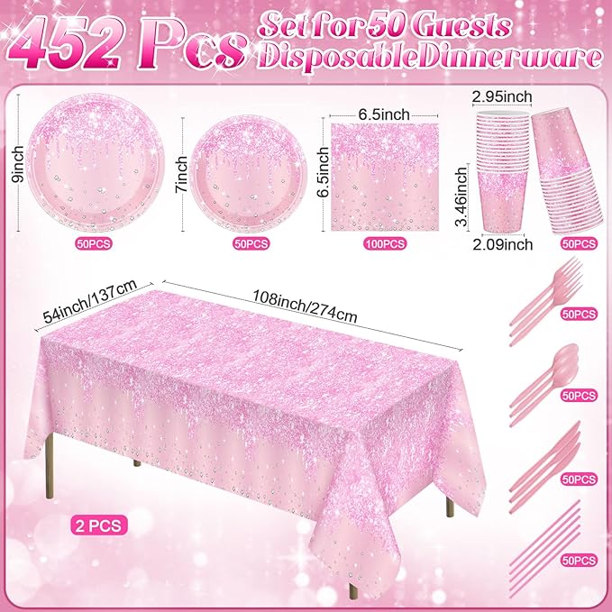 Funnymoom 452 Pcs Pink Birthday Party Decoration Include Light Pink Glitter Paper Plates Napkins Cups Tablecloth Cutlery Straws Diamond Tableware for Wedding Baby Shower Graduation Party Supplies