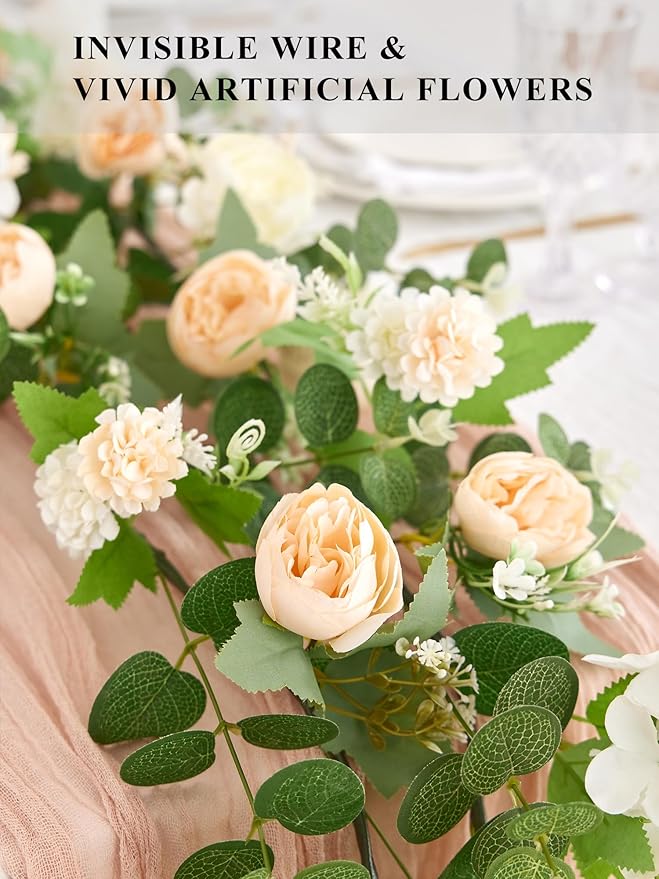 MISSPIN 5.9Ft Eucalyptus Garland with Flowers, Artificial Fake Flower Greenery Spring Garland for Baby Shower Wedding Mantle Table Centerpiece Spring Decor