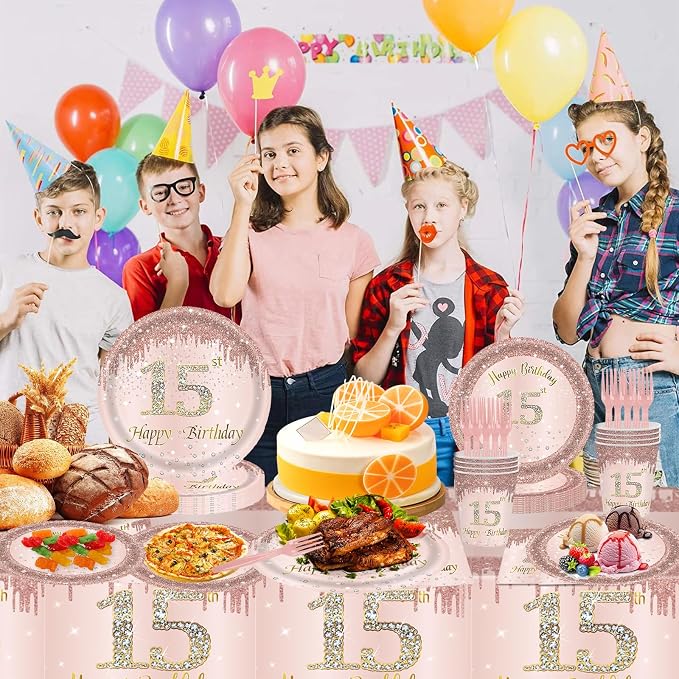 121Pcs 15th Birthday Party Supplies Plates Napkins Cups Forks Tablecloth Rose Gold Happy 15th Birthday Themed Disposable Tableware Decorations Serves 24 Guests for Girls 15 Years Birthday Decor