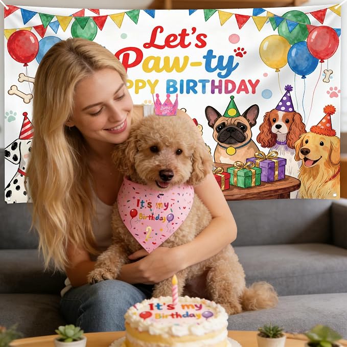 Dog Birthday Party Supplies,72X43Inch Let's Pawty Dogs Kids Birthday Party Banner Birthday Girl Cake Bandana Triangle Scarf Party Hat with Numbers for Large Medium Small Dog