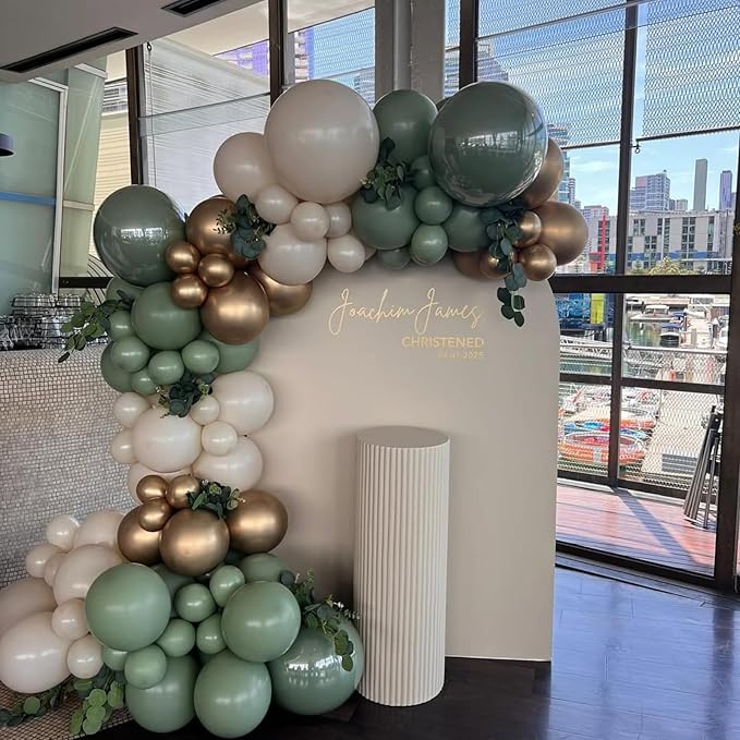 Double Stuffed Emerald Green Gold Balloon Arch Kit, Dark Dusty Green Pearl White Sand Balloon Garland Kit Metallic Gold Balloons for Baby Shower Bridal Shower Wedding Forest Birthday Party Decoration