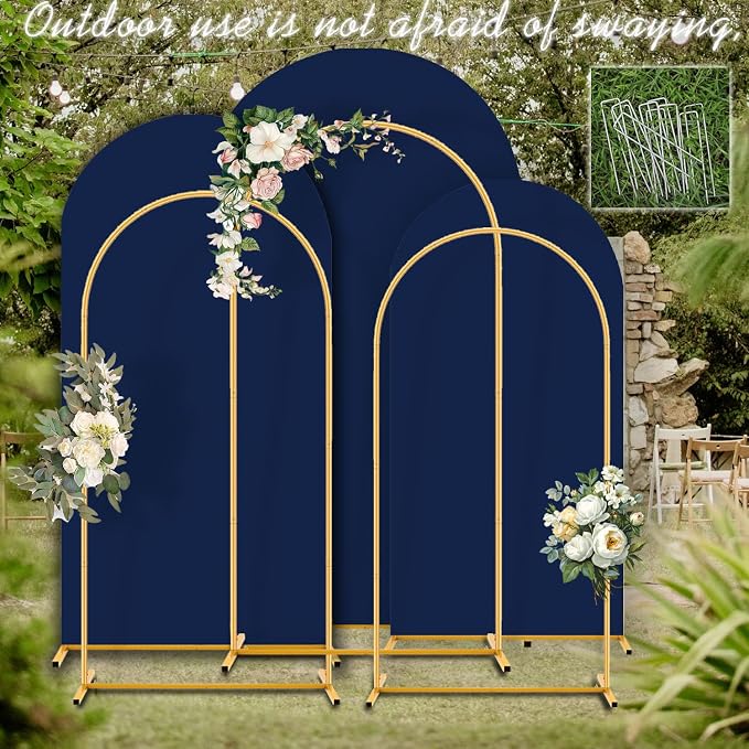 Arch Backdrop Stand and Cover Set (7.2ft,6.6ft,6ft) Metal Arch Frame Stand Gold with Navy Blue Cover for Wedding Birthday Party Baby Shower with Storage Bag(Navy Blue, 7.2FT+6.6FT+6FT)