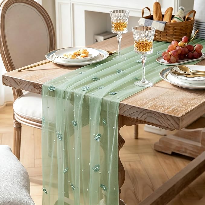 BINBE Flower Pearl Table Runner Spring Summer Rustic Boho 10ft Tulle Table Runner for Baby Shower Wedding Veil Holiday Dessert Table Decor Green
