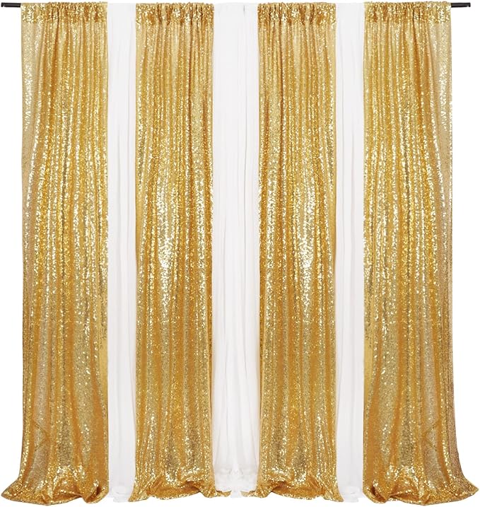 Poise3EHome Gold Sequin Backdrop Curtain, 2 Panels 2Ft x 8Ft Glitter Photography Background for Party Baby Shower Wedding Birthday Christmas Thanksgiving Halloween Decoration