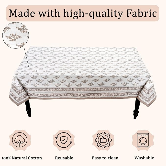 Ridhi Block Print Quiet Earth Rectangle Cotton Tablecloth 108" x 70" Reusable Table Cover Decorative Everyday Use for Dining, Farmhouse, Home Gift for Spring, Easter, Valentine