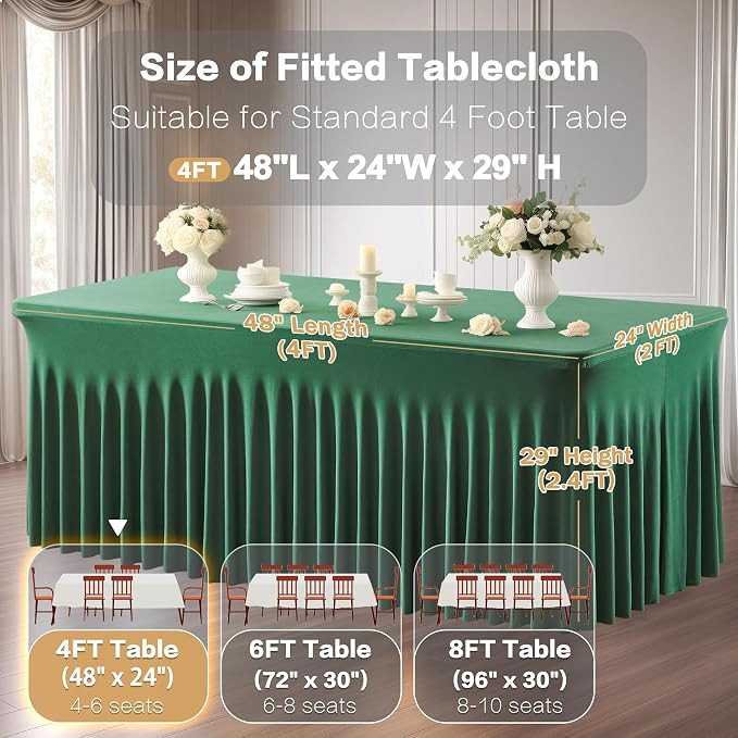 Shillance 2 Packs Green Spandex Table Clothes for 4 Foot Rectangle Table, Spandex Table Covers 4FT Stretch Table Skirts Wrinkle Free Fitted Tablecloth for Easter, Wedding, Banquet & Parties