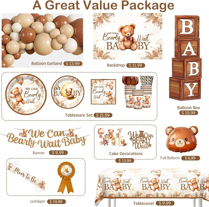 249 Pcs Bearly Wait Baby Shower Decorations, Brown Netural Balloon Arch Kit We Can Barely Wait Banner Plates and Napkin Set with Tablecloth Bear Baby Shower Decorations Brown