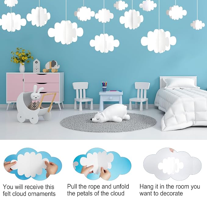 Ayfjovs 18 PCS 3D Cloud Decoration, Artificial Hanging Clouds for Ceiling, White Felt Ornaments for Art Stage, Wedding, Nursery, Children's Room, Baby Baptism Party