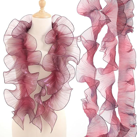Ganeen 16 Yard Ruffle Pleated Iridescent Ribbon, Rust Red Jellyfish Organza Ruffle Trim, Retro Tulle Lace Fabric for Jellyfish Costume Sewing Craft Dress Hat Lantern Cake Christmas Tree Decor