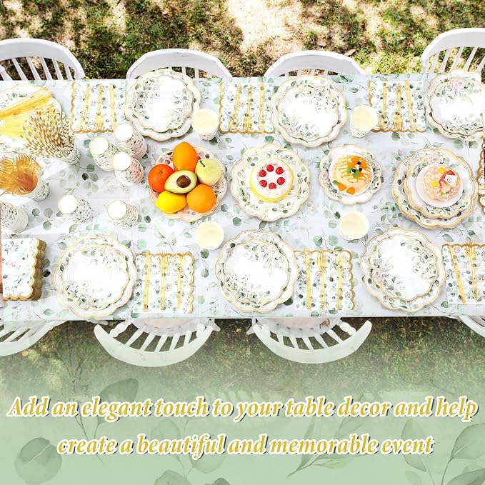 Potchen 452 Pcs Party Supplies Serve 50 Guests, Paper Plates Napkins Cups Cutlery Plastic Tablecloth Dinnerware for Birthday Wedding Party Decoration(Sage Green, Eucalyptus Leaves)