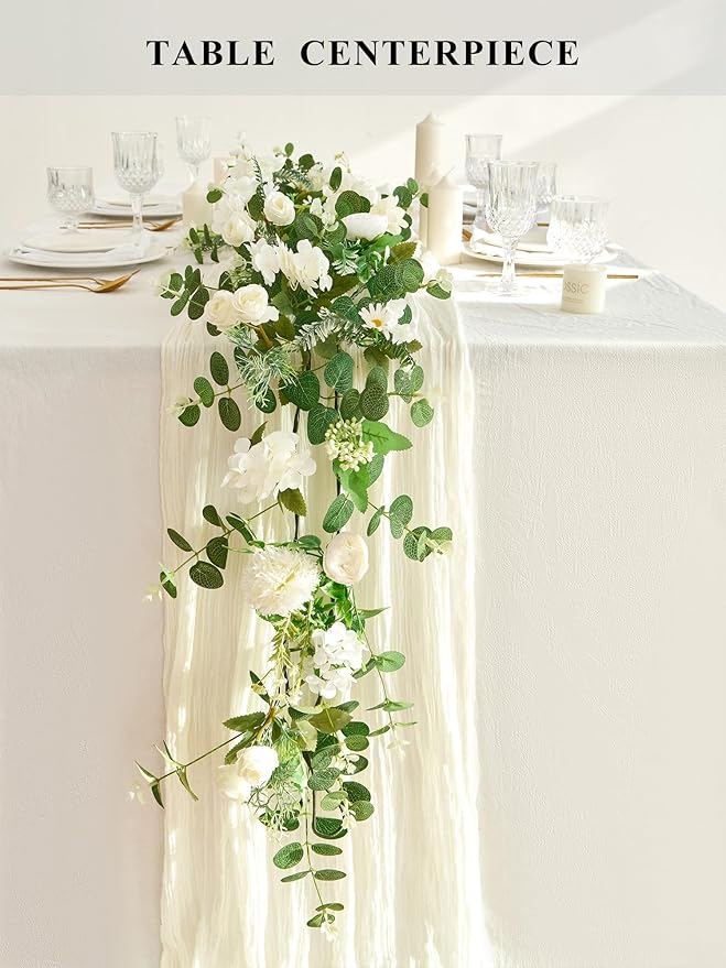 MISSPIN 5.9Ft Eucalyptus Garland with Flowers, Artificial Fake Flower Greenery Spring Garland for Baby Shower Wedding Mantle Table Centerpiece Spring Decor