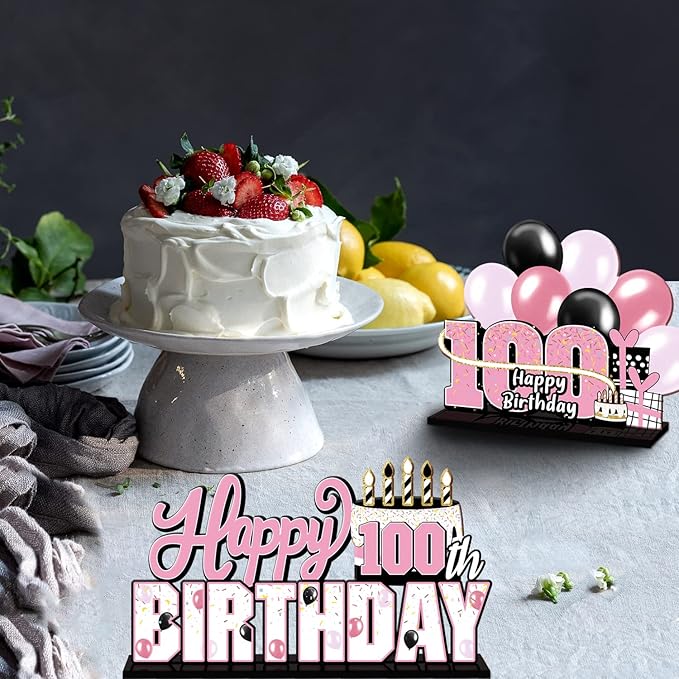LINGTEER Happy 100th Birthday Pink Acrylic Table Topper Centerpieces Set - Cheers to 100 Years Old Birthday 100th Bday Party Gift Decorations.