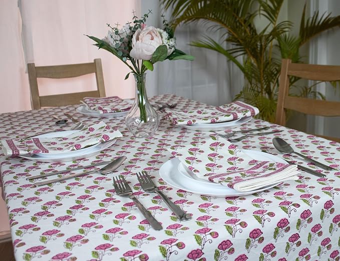 Block Print Table Cloth- 60x108 Inch Rectangle 100% Cotton Handmade Pre-Shrink, Washable for Spring, Kitchen & Dining Perfect for Patio, Indoor & Outdoor, Farmhouse