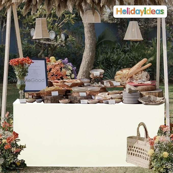 HolidayIdeas 4-Pack 4ft Open Back Fitted Tablecloths for Craft Shows Beige | 3-Sided coverage wrinkle resistant tablecloths for vendor booths,banquet events,outdoor pop-up shop