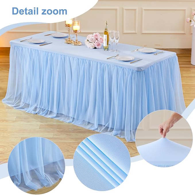 Baby Blue Table Cloth Spandex Table Covers 6ft Fitted Tulle Tablecloth Rectangular Desk Skirt Stretch Light Blue Table Cloths Covers Party Banquet Birthday Baby Shower Wedding Table Cloth, 2 Pack