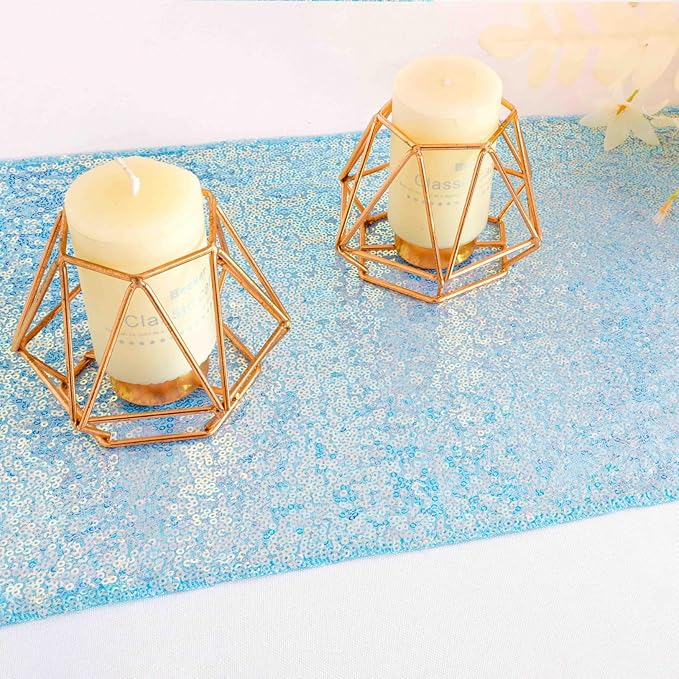 ShinyBeauty Sequin Table Runner 12x108 Inches - Iridescent Aqua Mermaid Party Decor for Baby Showers, Birthdays & Weddings, Glitter Home Decor, Rectangle Tablecloth