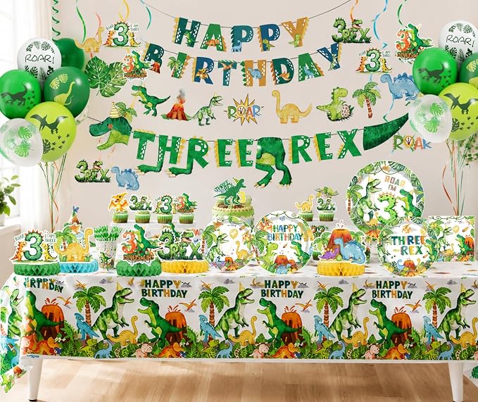 Three Rex Bday Decorations for Boys Dinosaur 3rd Bday Party Supplies Pre-strung Banners T-rex 3 Rex Dino Tableware Honeycomb Centerpieces Talbelcoth Hanging Swirls Cupcake Topper Balloons Serve 25