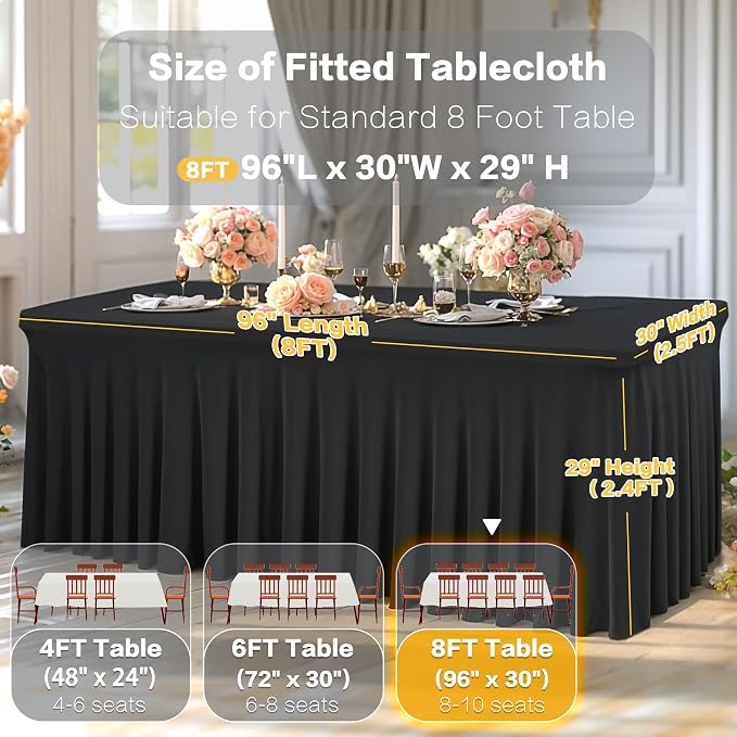 Shillance 8 Packs Black Spandex Table Covers 8 Foot, Fitted Stretch Table Cloth with Skirts 96x30 Inch, Wrinkle-Free Floor Length Rectangle Tablecloths for Weddings Parties Banquets Events