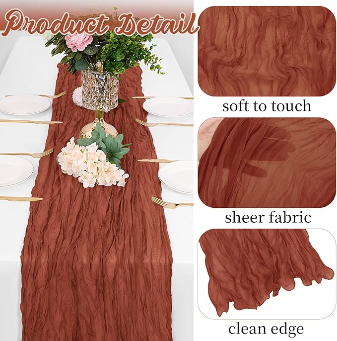 16 Pack Terracotta Cheesecloth Table Runners 20x120 Inch Gauze Table Runner Cheese Cloth 10FT Terracotta Table Runner Rustic Sheer Runner for Wedding Baby Shower Birthday Party Table Decor