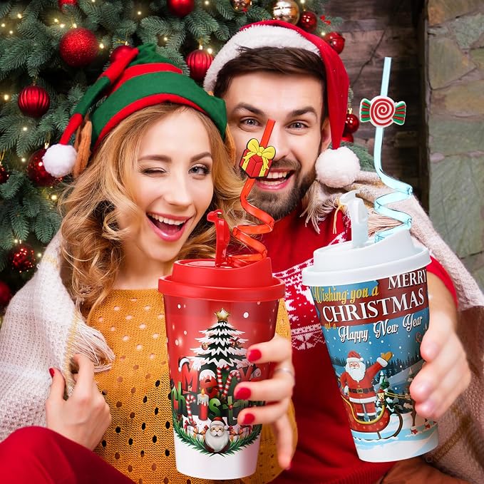 Maxcheck 24 Sets 16 oz Christmas Party Favors Goodie Cups with Colorful Lids and Straws for Birthday Decorations Reusable Plastic Candy Cups Bulk Plastic Straws for Birthday Party Celebration Gifts