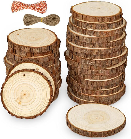 Unfinished Natural Wood Slices for Crafts - 30 Pcs Wood Slice Ornaments with Predrilled Hole & Twine String 3.5-3.9 Inch Round Wooden Circle Tree Slice for DIY Arts Craft Painting Gift Wedding Decor