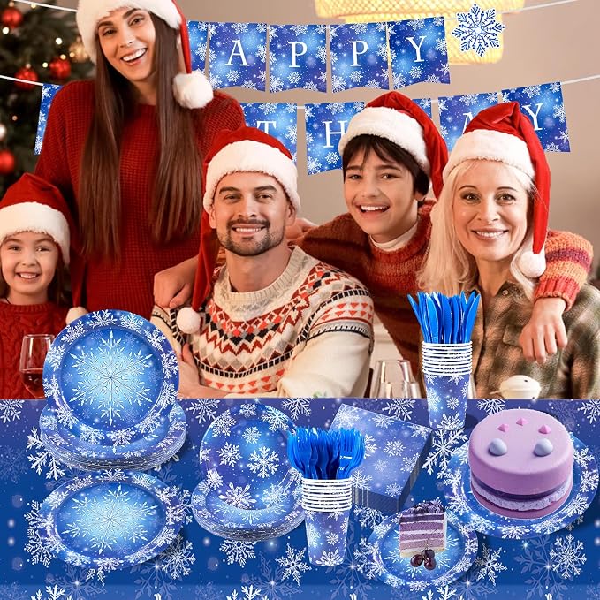 182PCS Winter Snowflake Frozen Birthday Party Supplies,Frozen Plates and Napkins Sets,for Christmas Winter Wonderland Party Supplies Table Decor, Serves 30