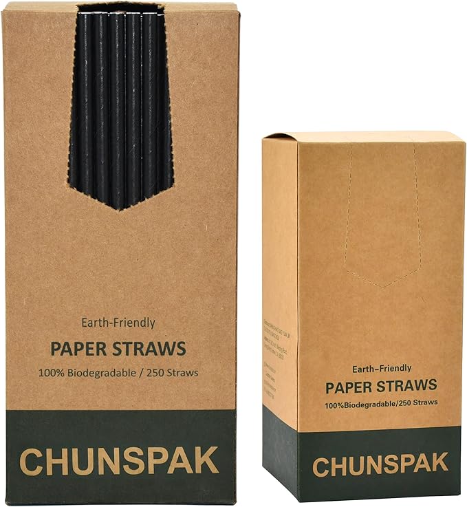 Black Paper Straws, Solid black/250 Bulk, Biodegradable Paper Drinking Straws for Cocktail, Drinks, Bars and Restaurant, 7.75"x0.24"
