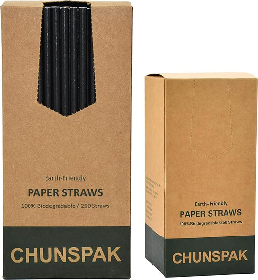 Black Paper Straws, Solid black/250 Bulk, Biodegradable Paper Drinking Straws for Cocktail, Drinks, Bars and Restaurant, 7.75"x0.24"