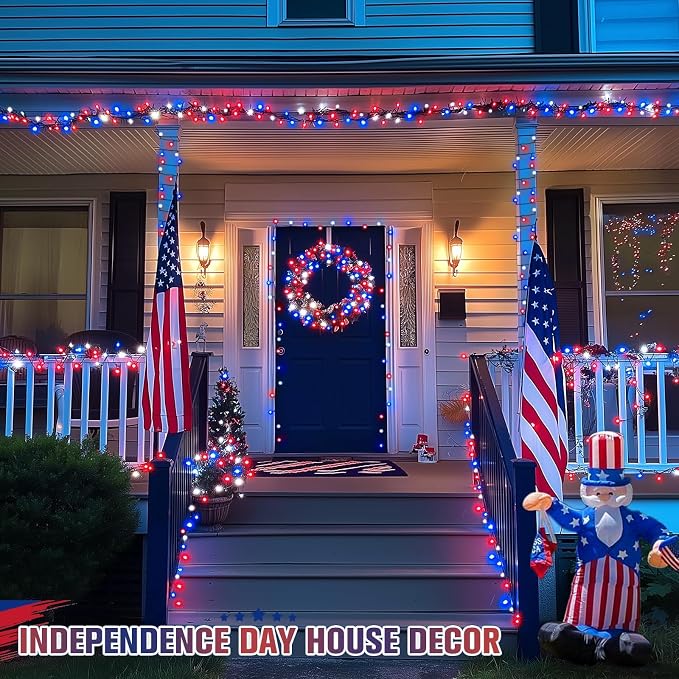 JMEXSUSS 250 LED Red White and Blue Lights, 91.5ft Patriotic Lights Plug in | Connectable, Green Wire, Waterproof, 8 Modes, Indoor/Outdoor Use, Tree Yard Patio Home Decor, Perfect for 4th of July Day