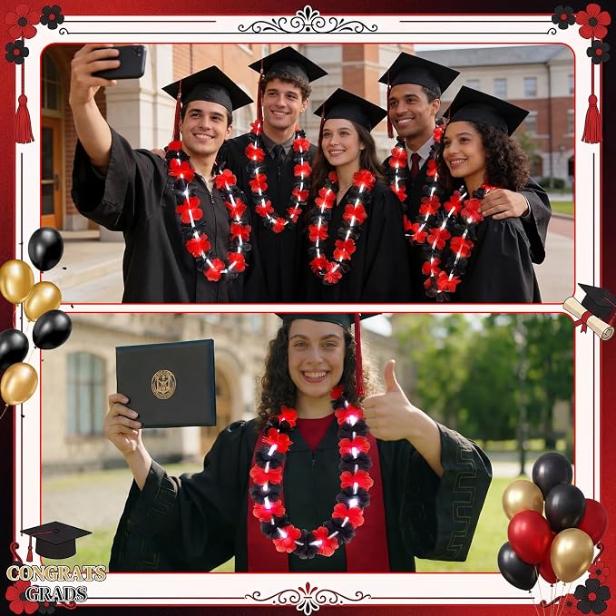 Sherr 48 Pcs Graduation LED Hawaiian Leis Class of 2026 Light Up Flower Leis Necklace with LED Lights Black Red Luau Flowers Necklaces for Graduation Party Decoration Supplies