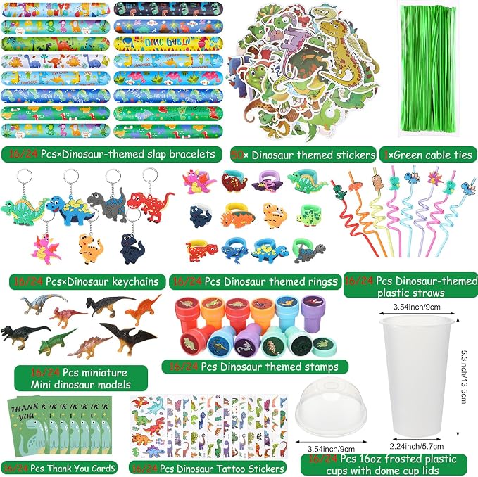 Qilery 267 Pcs 24 Guests Dinosaur Birthday Party Favors for kids Includes Plastic Cup with Lid Straw Keychain Bracelet Ring Stamper Stickers Tag for Party Favors Piñata Filling
