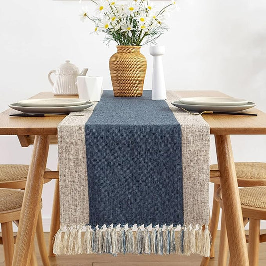 Macrame Table Runner 15 x 71 Inch, Cotton Linen Natural Fabric Table Runner Farmhouse Style for Wedding, Engagement, Bridal Shower, Party and Home Dining Table Decorations, Machine Washable - Blue