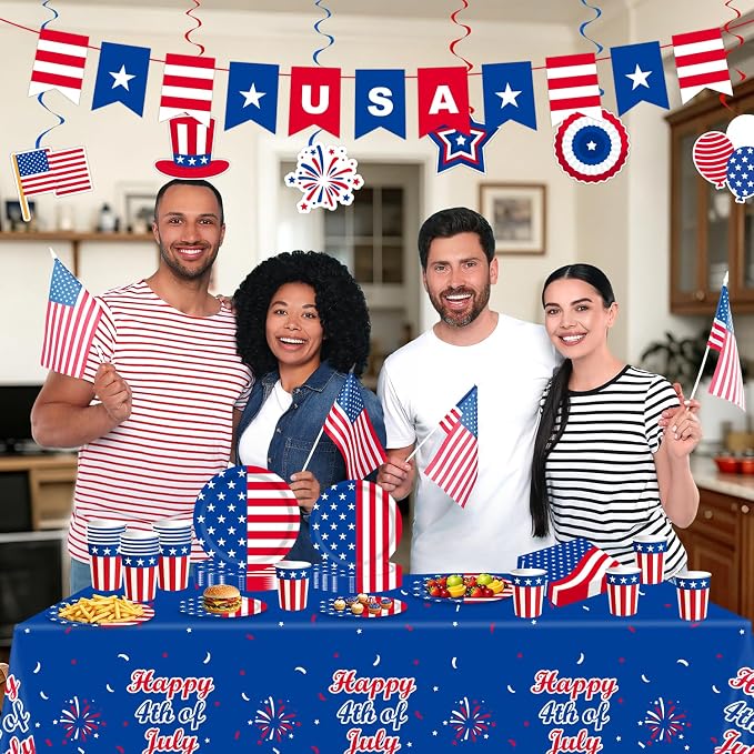 4th Fourth of July Party Supplies Favors for 250th Anniversary, Patriotic Red White Blue Plates,Napkins,Cups,Tablecloth,Hanging Decorations for 25 Guests, USA Accessories for Memorial Independence Day