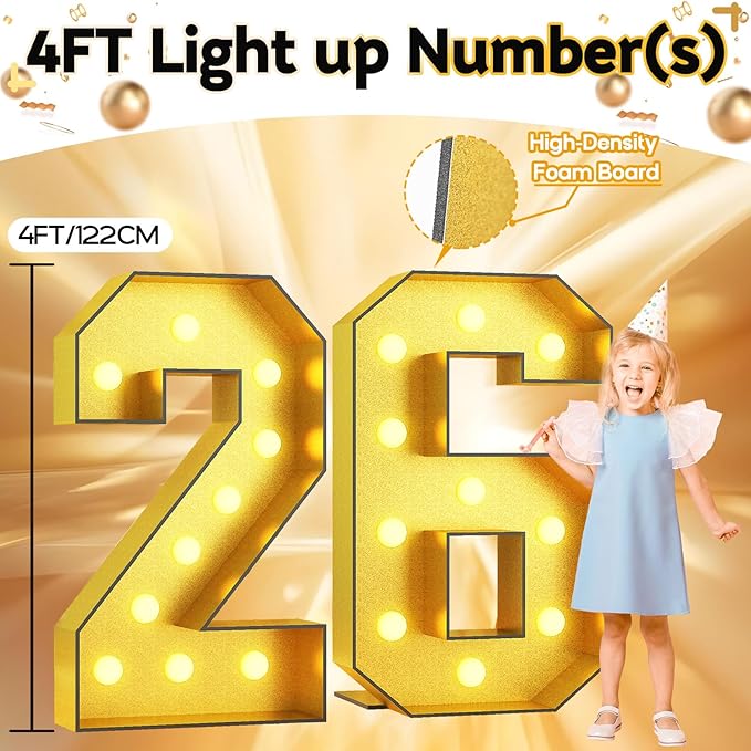 Light Up Numbers 26, Marquee Light Up Numbers Gold 4FT, Large Led Number Lights for 4th Birthday, 4 Feet Tall DIY Frame Pre-cut Foam Board Kit for Birthday Graduation New Year Party Decorations