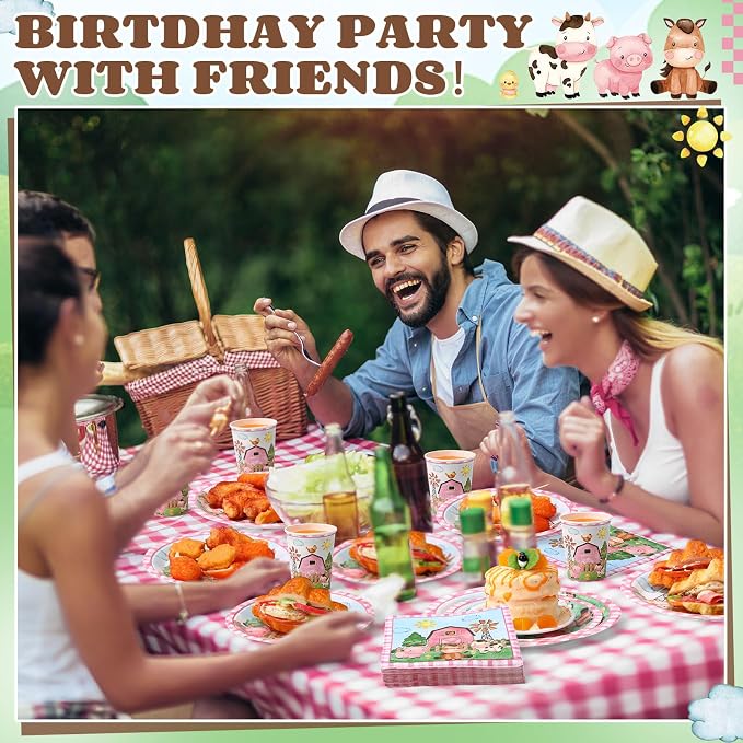 Funnymoom 250 Pcs Farm Animals Themed Party Decorations Barn Animal Paper Plates Cups and Napkins Disposable Pink Barnyard Farm Tableware Set for Birthday Baby Shower Party Supplies, Serves 50