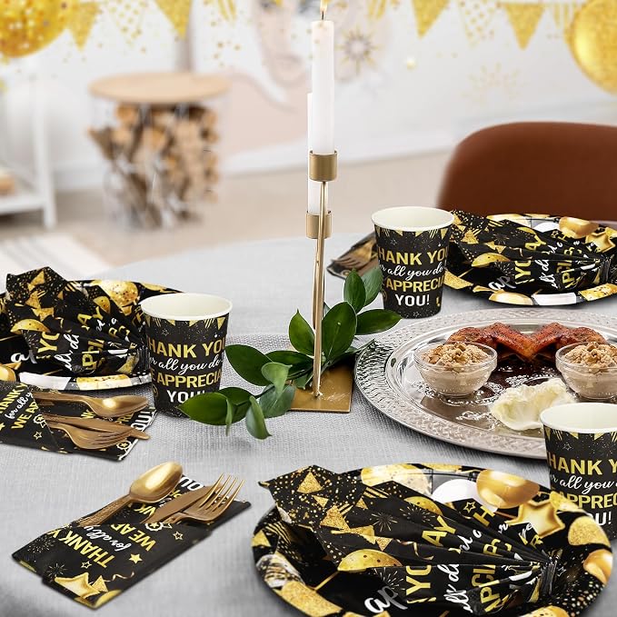 Funnymoom 400 Pcs We Appreciate You Party Supplies for 50 Guests Christmas Thank You Paper Plates Napkin Cup Fork for Teacher Employee Staff Xmas Doctor Appreciation Back to School Graduation