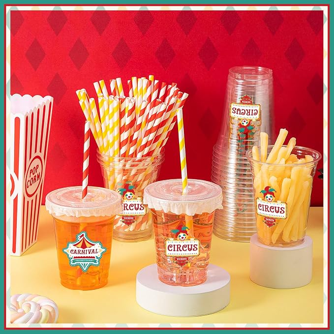 FoldTier 50 Pcs Carnival Party Plastic Cups 12 oz Disposable Plastic Cups with Straws and Lids Circus Clear mug Birthday mugs Supplies Birthday Table Decorations Party Favor