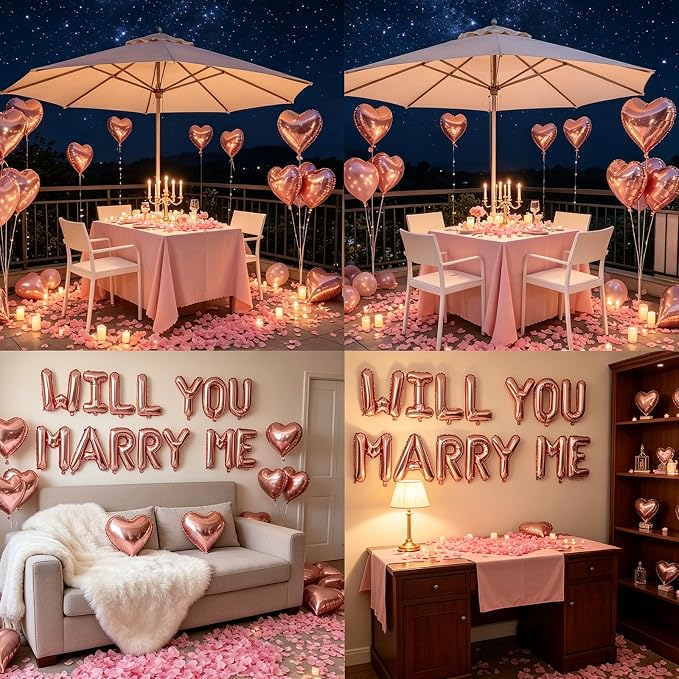 2 Set Rose Gold WILL YOU MARRY ME Balloons - 28pcs 16" Letter Balloons 10pcs 18" Heart Balloons 1200pcs Rose Gold Artificial Rose Petals Alphabet Foil Mylar Balloons for Valentines Day Decorations