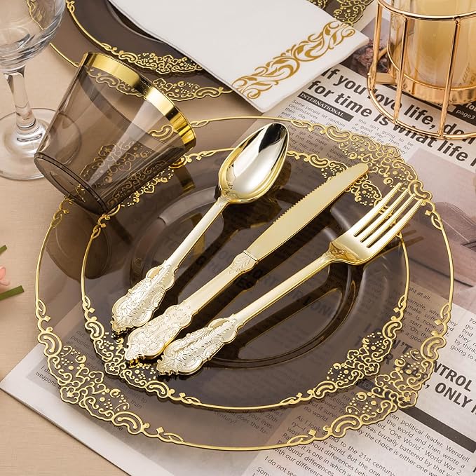 Bestluck 350PCS Clear Black Plastic Plates for 50 Guests, Disposable Plates with Gold Trim include 50 Dinner and Dessert Plates, 150 Gold Silverware, 50 Cups, 50 Napkins for Party & Graduation