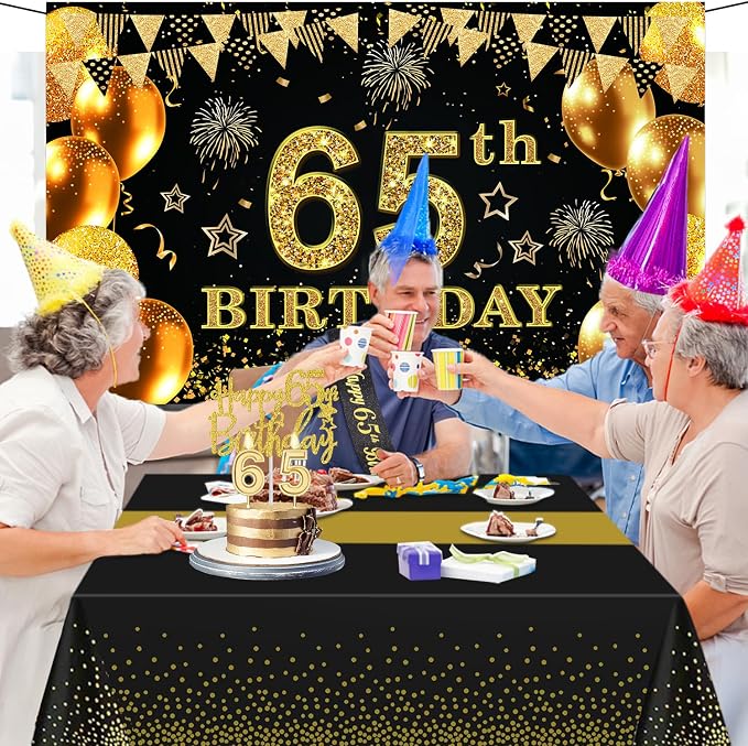 65th Birthday Decorations Men Women with 65th Birthday Banner, Black and Gold Table Cloth, Number Balloons, Large Sash, Cake Topper and Candles