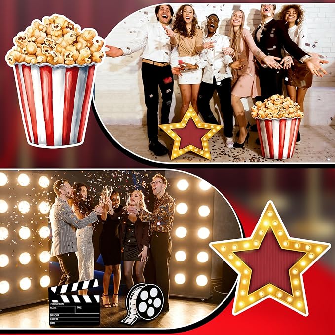 4 Pcs Movie Night Party Decoration Starry Cardboard Cutouts Film Popcorn Clapperboard Cardboard Cutout Lifesize Stand-ups Wedding Birthday Photo Props Backdrop Decor