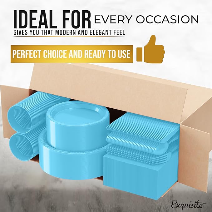 350 Pcs Light Blue Plastic Plates For Party, Light Blue Disposable Plates Set, 50 Of Each 9" Dinner Plate Set, 7" Dessert Plate, Cups, Napkins & Cutlery Plastic Dinnerware Set Exquisite