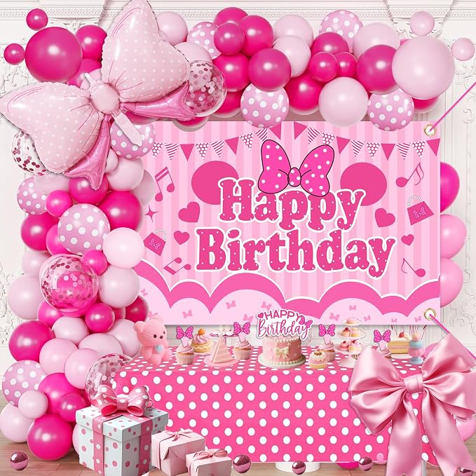 Pink Polka Dot Birthday Decorations for Girls, Cartoon Mouse Theme Party Supplies Include Balloon Arch Garland, Bow Backdrop, Tablecloth, Cake Toppers, Large Foil Bow Balloon for 1st 2nd 3rd