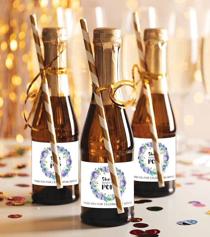 It’s a Boy Mini Champagne Bottle Labels ● SET of 12 ● She’s Ready To POP Baby Shower Favor Label, About to POP Thank You Favors, Blue Boy Baby Shower Gender Reveal Waterproof (Vine)