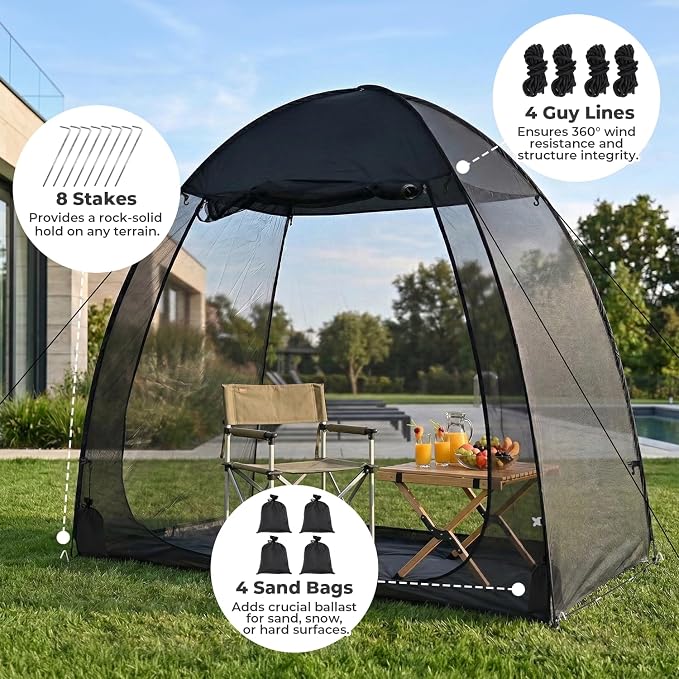Alvantor® Pop Up Screen House Tent 6x6 FT, Snap-fit Black Mesh Screen Gazebo with Peaked Roof, Portable Screen Room Canopy Shelter with Sunshade & Sandbags for Camping, Backyard, Picnic