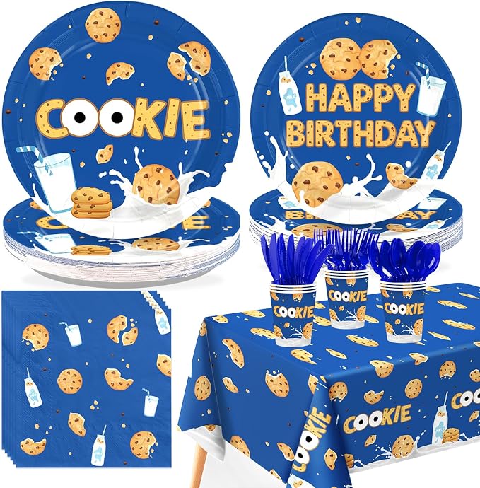 170Pcs Milk and Cookies Birthday Party Decorations Blue Chocolate Chip Milk Cookie Theme Plates Napkins Cups Forks Knives Spoons Tablecloths for Kids Birthday Baby Shower Party Supplies Serves 24