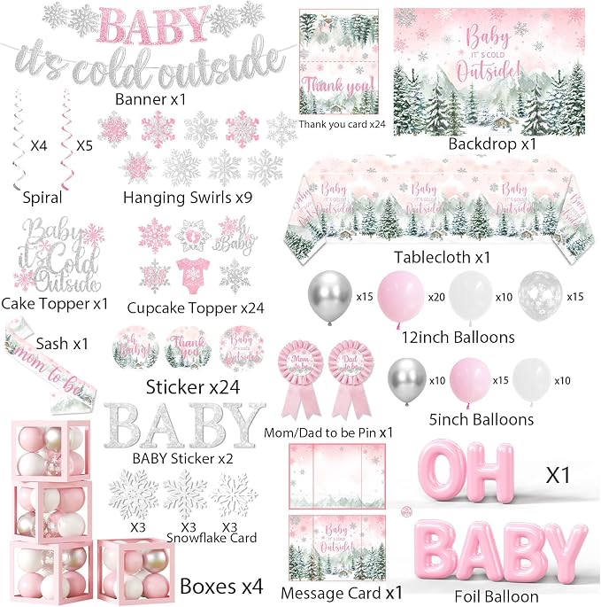 Baby It’s Cold Outside Baby Shower Decorations, Pink Winter Baby Shower Decorations for Girl Winter Woodland Tablecloth Banner Backdrop Balloon Box Cupcake Topper Hanging Swirl for Girl Gender Reveal