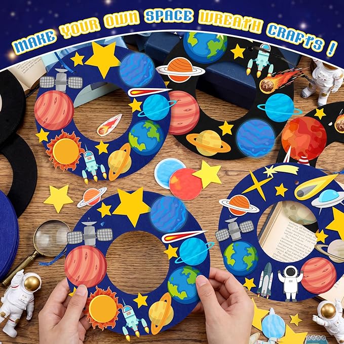 Sureio 32 Sets Space Craft Kits Solar System Project Kits DIY Wreath Craft Outer Space Arts Birthday Party Decoration with Planet Spaceship Rocket Astronaut Star Stickers for Party Favor Supplies